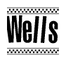 The clipart image displays the text Wells in a bold, stylized font. It is enclosed in a rectangular border with a checkerboard pattern running below and above the text, similar to a finish line in racing. 