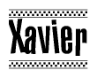 The image contains the text Xavier in a bold, stylized font, with a checkered flag pattern bordering the top and bottom of the text.