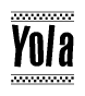 The image contains the text Yola in a bold, stylized font, with a checkered flag pattern bordering the top and bottom of the text.