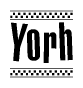 The image is a black and white clipart of the text Yorh in a bold, italicized font. The text is bordered by a dotted line on the top and bottom, and there are checkered flags positioned at both ends of the text, usually associated with racing or finishing lines.