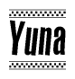 The clipart image displays the text Yuna in a bold, stylized font. It is enclosed in a rectangular border with a checkerboard pattern running below and above the text, similar to a finish line in racing. 