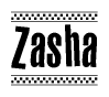 The image is a black and white clipart of the text Zasha in a bold, italicized font. The text is bordered by a dotted line on the top and bottom, and there are checkered flags positioned at both ends of the text, usually associated with racing or finishing lines.