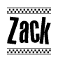 The clipart image displays the text Zack in a bold, stylized font. It is enclosed in a rectangular border with a checkerboard pattern running below and above the text, similar to a finish line in racing. 