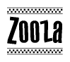The clipart image displays the text Zooza in a bold, stylized font. It is enclosed in a rectangular border with a checkerboard pattern running below and above the text, similar to a finish line in racing. 