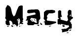 This nametag says Macy, and has a static looking effect at the bottom of the words. The words are in a stylized font.