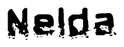This nametag says Nelda, and has a static looking effect at the bottom of the words. The words are in a stylized font.
