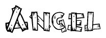 The image contains the name Angel written in a decorative, stylized font with a hand-drawn appearance. The lines are made up of what appears to be planks of wood, which are nailed together