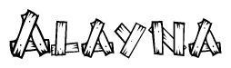 The image contains the name Alayna written in a decorative, stylized font with a hand-drawn appearance. The lines are made up of what appears to be planks of wood, which are nailed together
