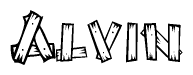 The image contains the name Alvin written in a decorative, stylized font with a hand-drawn appearance. The lines are made up of what appears to be planks of wood, which are nailed together