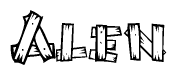 The image contains the name Alen written in a decorative, stylized font with a hand-drawn appearance. The lines are made up of what appears to be planks of wood, which are nailed together