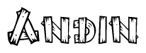 The image contains the name Andin written in a decorative, stylized font with a hand-drawn appearance. The lines are made up of what appears to be planks of wood, which are nailed together