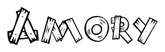 The image contains the name Amory written in a decorative, stylized font with a hand-drawn appearance. The lines are made up of what appears to be planks of wood, which are nailed together