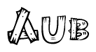 The image contains the name Aub written in a decorative, stylized font with a hand-drawn appearance. The lines are made up of what appears to be planks of wood, which are nailed together
