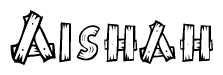 The image contains the name Aishah written in a decorative, stylized font with a hand-drawn appearance. The lines are made up of what appears to be planks of wood, which are nailed together
