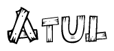 The image contains the name Atul written in a decorative, stylized font with a hand-drawn appearance. The lines are made up of what appears to be planks of wood, which are nailed together