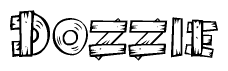 The image contains the name Dozzie written in a decorative, stylized font with a hand-drawn appearance. The lines are made up of what appears to be planks of wood, which are nailed together