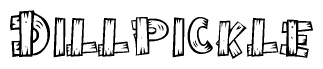 The clipart image shows the name Dillpickle stylized to look as if it has been constructed out of wooden planks or logs. Each letter is designed to resemble pieces of wood.
