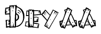 The clipart image shows the name Deyaa stylized to look as if it has been constructed out of wooden planks or logs. Each letter is designed to resemble pieces of wood.