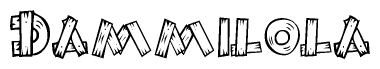 The image contains the name Dammilola written in a decorative, stylized font with a hand-drawn appearance. The lines are made up of what appears to be planks of wood, which are nailed together