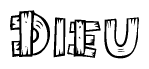 The clipart image shows the name Dieu stylized to look like it is constructed out of separate wooden planks or boards, with each letter having wood grain and plank-like details.