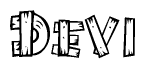 The clipart image shows the name Devi stylized to look as if it has been constructed out of wooden planks or logs. Each letter is designed to resemble pieces of wood.