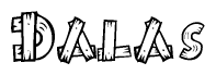The image contains the name Dalas written in a decorative, stylized font with a hand-drawn appearance. The lines are made up of what appears to be planks of wood, which are nailed together