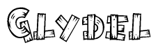 The image contains the name Glydel written in a decorative, stylized font with a hand-drawn appearance. The lines are made up of what appears to be planks of wood, which are nailed together