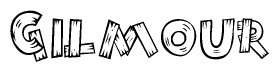 The clipart image shows the name Gilmour stylized to look as if it has been constructed out of wooden planks or logs. Each letter is designed to resemble pieces of wood.