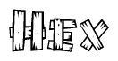 The image contains the name Hex written in a decorative, stylized font with a hand-drawn appearance. The lines are made up of what appears to be planks of wood, which are nailed together