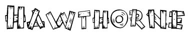 The image contains the name Hawthorne written in a decorative, stylized font with a hand-drawn appearance. The lines are made up of what appears to be planks of wood, which are nailed together
