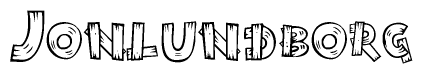 The clipart image shows the name Jonlundborg stylized to look as if it has been constructed out of wooden planks or logs. Each letter is designed to resemble pieces of wood.
