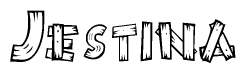 The image contains the name Jestina written in a decorative, stylized font with a hand-drawn appearance. The lines are made up of what appears to be planks of wood, which are nailed together