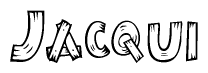 The image contains the name Jacqui written in a decorative, stylized font with a hand-drawn appearance. The lines are made up of what appears to be planks of wood, which are nailed together