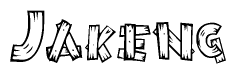 The image contains the name Jakeng written in a decorative, stylized font with a hand-drawn appearance. The lines are made up of what appears to be planks of wood, which are nailed together
