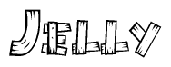 The image contains the name Jelly written in a decorative, stylized font with a hand-drawn appearance. The lines are made up of what appears to be planks of wood, which are nailed together