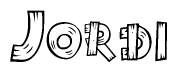 The image contains the name Jordi written in a decorative, stylized font with a hand-drawn appearance. The lines are made up of what appears to be planks of wood, which are nailed together