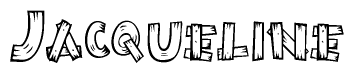 The image contains the name Jacqueline written in a decorative, stylized font with a hand-drawn appearance. The lines are made up of what appears to be planks of wood, which are nailed together
