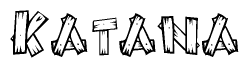 The image contains the name Katana written in a decorative, stylized font with a hand-drawn appearance. The lines are made up of what appears to be planks of wood, which are nailed together