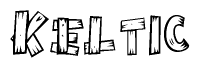 The image contains the name Keltic written in a decorative, stylized font with a hand-drawn appearance. The lines are made up of what appears to be planks of wood, which are nailed together