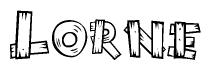 The image contains the name Lorne written in a decorative, stylized font with a hand-drawn appearance. The lines are made up of what appears to be planks of wood, which are nailed together