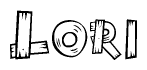 The image contains the name Lori written in a decorative, stylized font with a hand-drawn appearance. The lines are made up of what appears to be planks of wood, which are nailed together