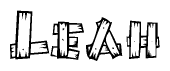 The clipart image shows the name Leah stylized to look as if it has been constructed out of wooden planks or logs. Each letter is designed to resemble pieces of wood.