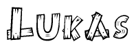The image contains the name Lukas written in a decorative, stylized font with a hand-drawn appearance. The lines are made up of what appears to be planks of wood, which are nailed together