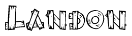The image contains the name Landon written in a decorative, stylized font with a hand-drawn appearance. The lines are made up of what appears to be planks of wood, which are nailed together