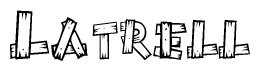 The clipart image shows the name Latrell stylized to look as if it has been constructed out of wooden planks or logs. Each letter is designed to resemble pieces of wood.