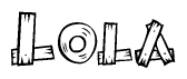 The image contains the name Lola written in a decorative, stylized font with a hand-drawn appearance. The lines are made up of what appears to be planks of wood, which are nailed together