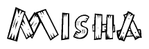 The clipart image shows the name Misha stylized to look as if it has been constructed out of wooden planks or logs. Each letter is designed to resemble pieces of wood.