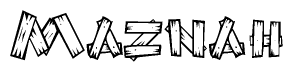 The image contains the name Maznah written in a decorative, stylized font with a hand-drawn appearance. The lines are made up of what appears to be planks of wood, which are nailed together