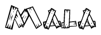 The image contains the name Mala written in a decorative, stylized font with a hand-drawn appearance. The lines are made up of what appears to be planks of wood, which are nailed together