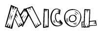 The clipart image shows the name Micol stylized to look as if it has been constructed out of wooden planks or logs. Each letter is designed to resemble pieces of wood.